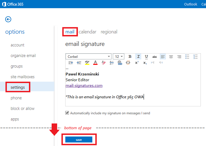 how to add signature to the new office 365 outlook email