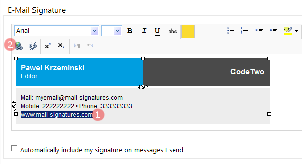 how do i add a hyperlink to my email signature in outlook 365