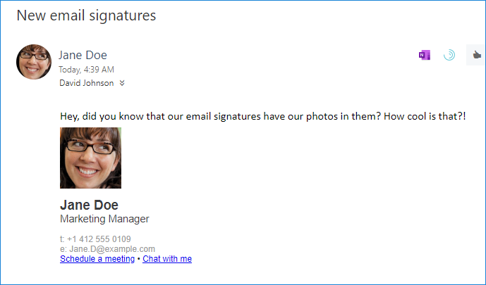Sample email signature with Teams deep links